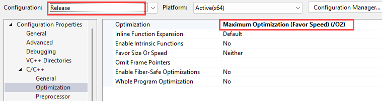 Screenshot of the Visual Studio project Property Pages dialog. The Configuration dropdown is called out and is set to Release. The optimization setting is set to Maximize Speed slash O2.