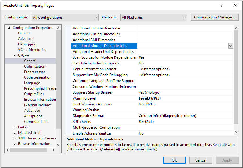 Screenshot showing project Property Pages properties under Configuration Properties, C/C++, General, with Additional Module Dependencies selected.