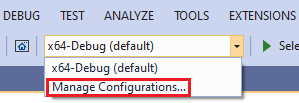 CMake configurations drop-down Screenshot showing CMake Manage Configurations highlighted in the Configuration dropdown.