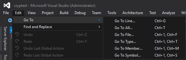 Go To Menu Screenshot of the Go To menu which has options like Go To Line (Ctrl + G), Go to File (Ctrl + 1, Ctrl + F), and more.