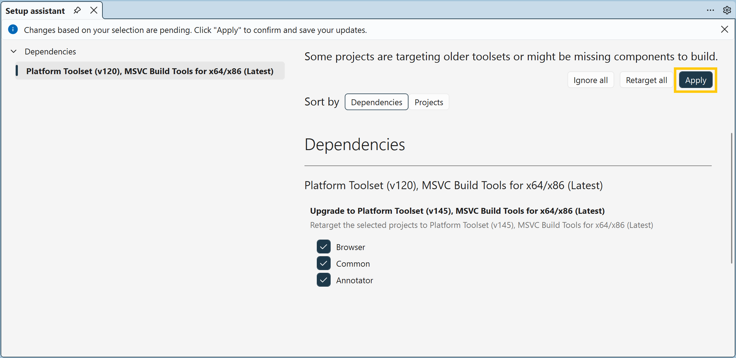Screenshot of the Setup assistant window showing the Hilo projects. All are selected for retargeting and the Apply button is highlighted.