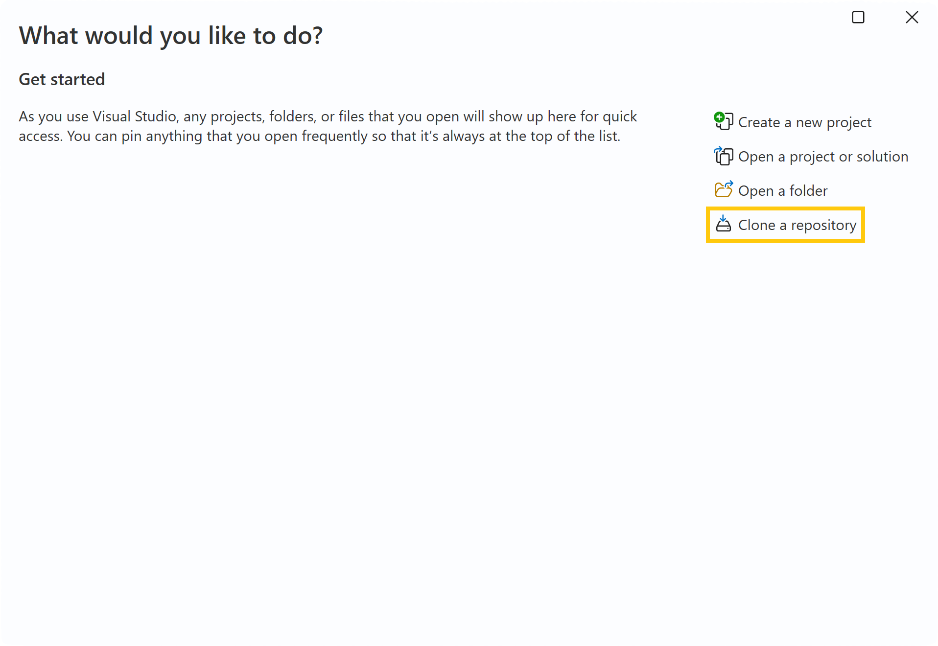 Screenshot of the Visual Studio Start Window with the Clone a repository link highlighted.
