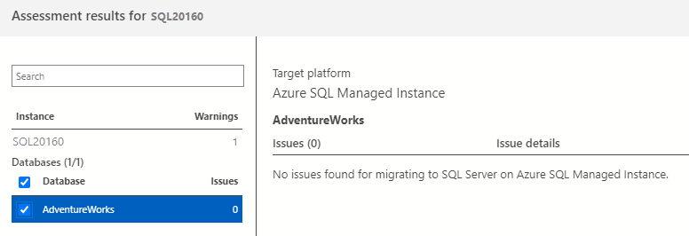 Screenshot of Database assessment details.