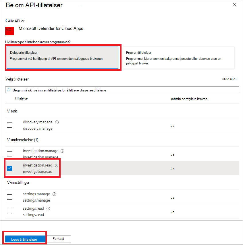 Skjermbilde som viser hvordan du legger til programtillatelser.