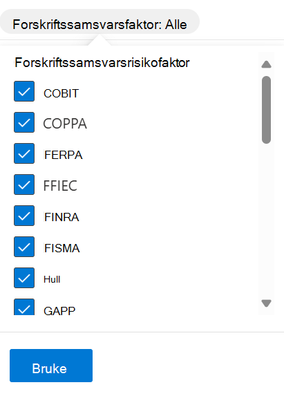 Skjermbilde som viser risikofaktorer for samsvar