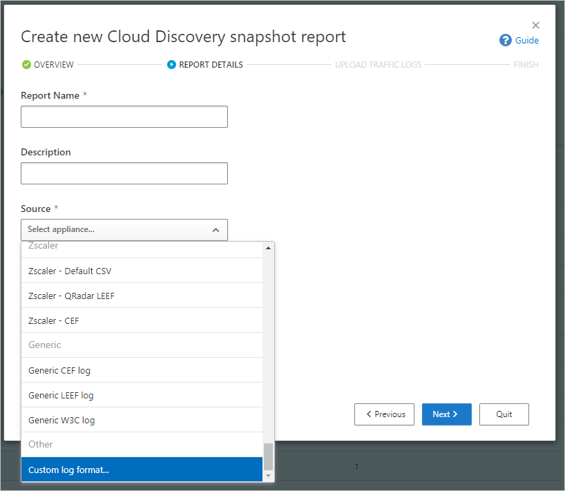 Screenshot of the Create new Cloud Discovery snapshot report dialog.