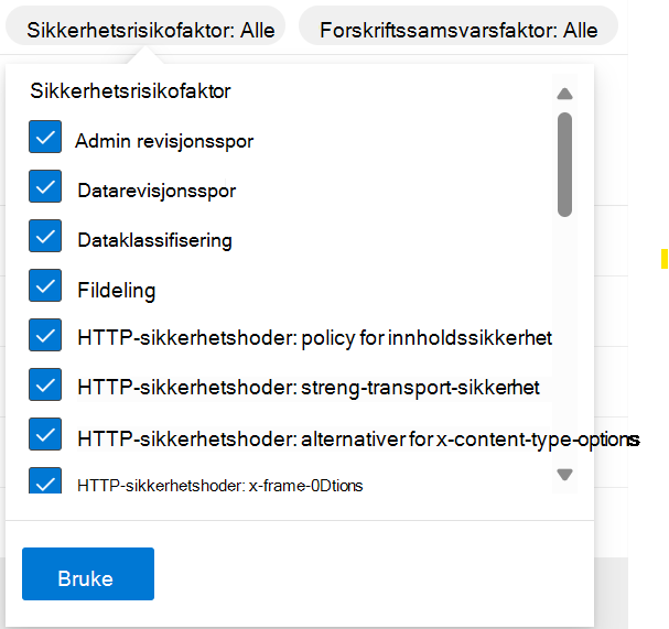 Skjermbilde som viser filtrene for sikkerhetsrisikofaktorer