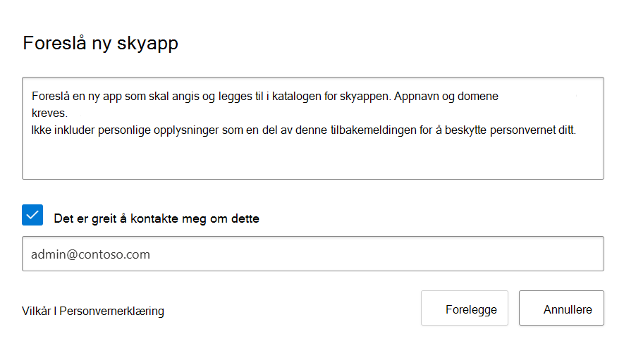 Skjermbilde som viser hurtigmenyen Foreslå en ny app 