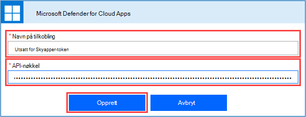 Screenshot of the Defender for Cloud Apps window, showing the name and key entry and create button.