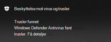 Microsoft Defender varsel om antivirustrusler som ble funnet, gir alternativer for å få detaljer