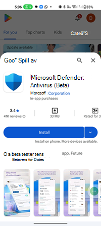 Skjermbilde av en forhåndsutgitt versjon av Microsoft Defender Antivirus i Google Play Store