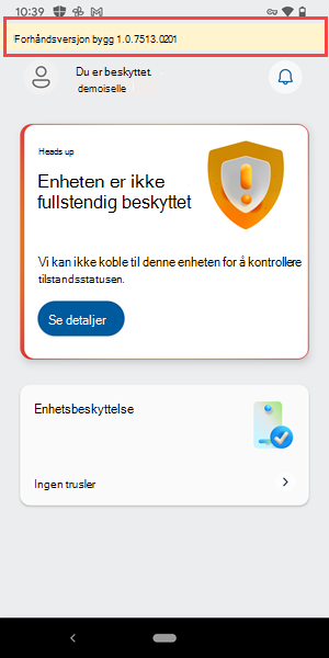 Skjermbilde av en forhåndsutgitt versjon av Microsoft Defender Antivirus installert på en enhet