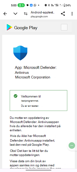 Skjermbilde av en velkomstside for å teste forhåndsversjonen av Microsoft Defender Antivirus