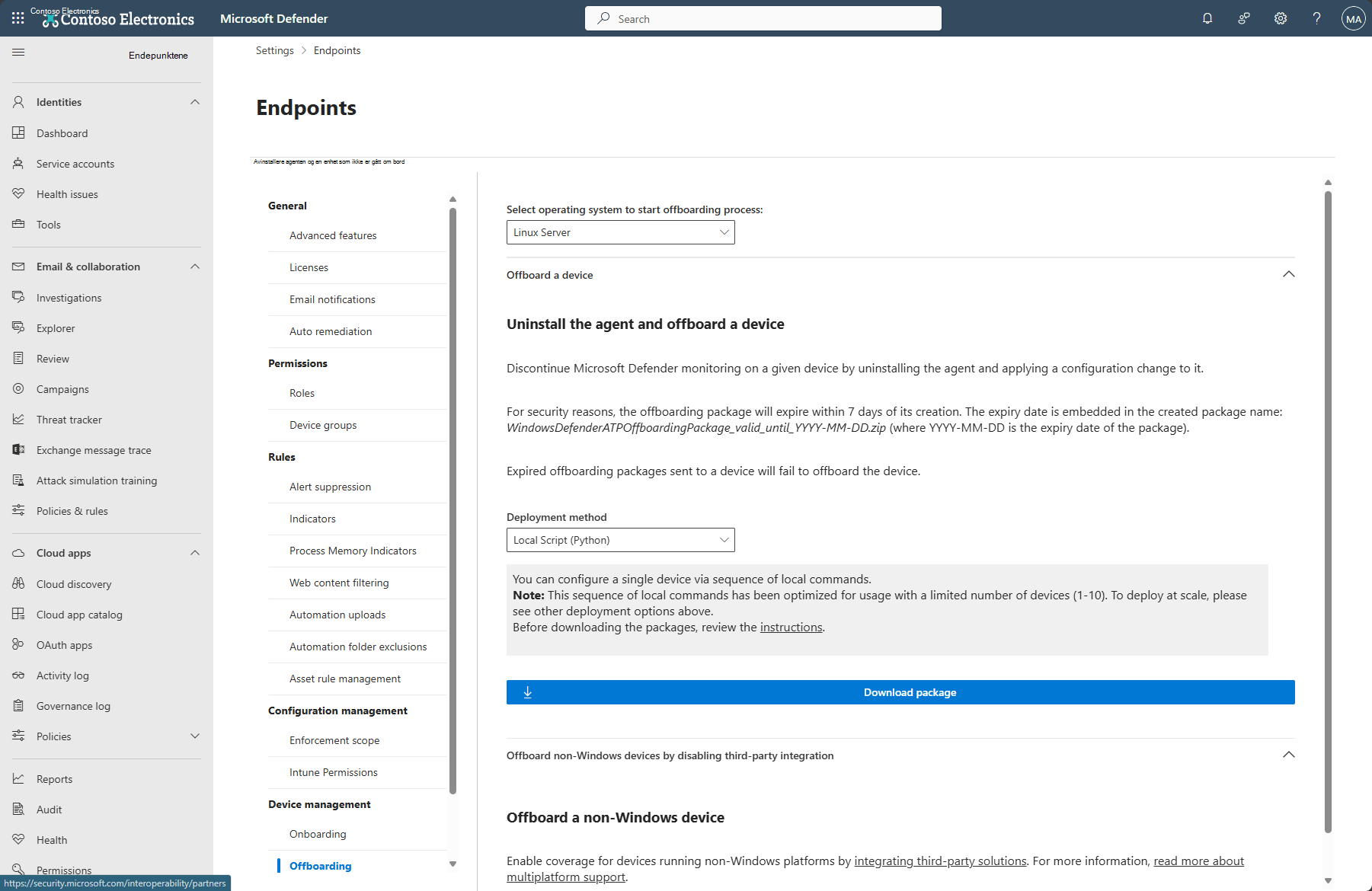 Skjermbilde som viser Avlasting-siden i Microsoft Defender-portalen.