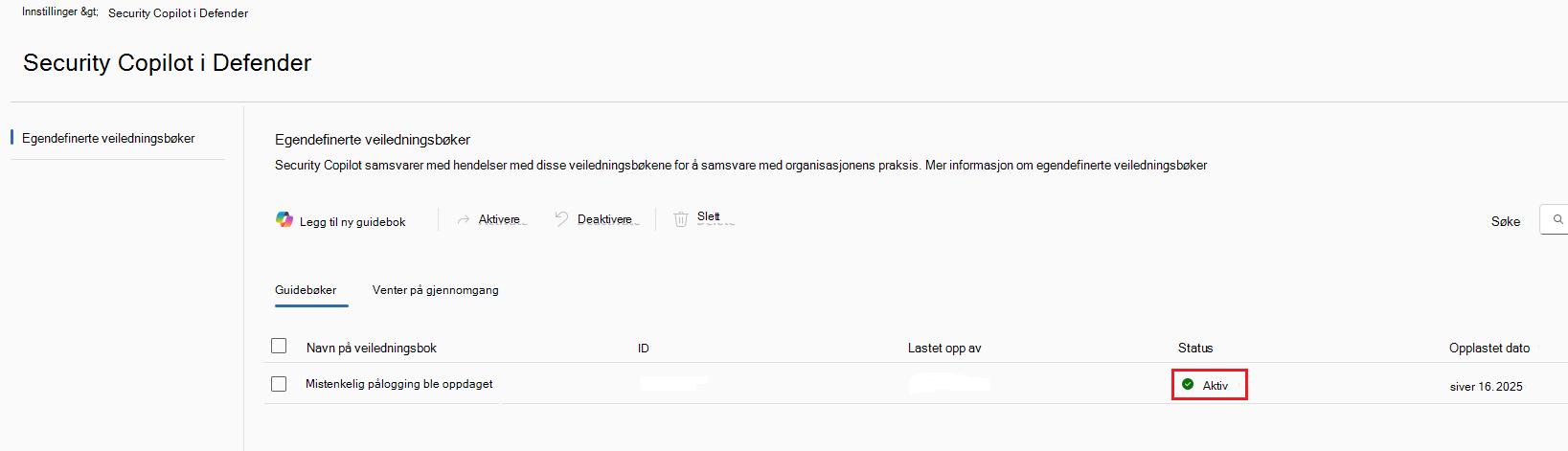 Skjermbilde av den aktive fanen for veiledningsbøker.