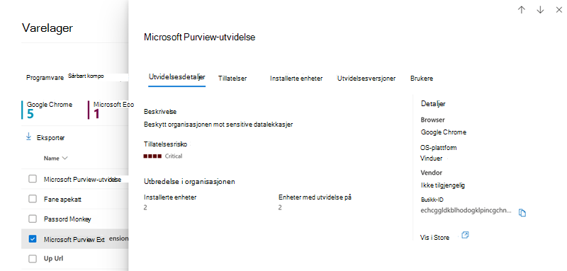 Skjermbilde av detaljruten for nettleserutvidelser