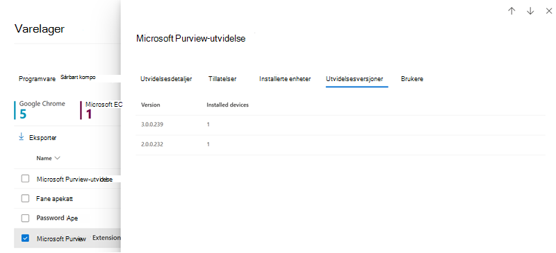 Skjermbilde av fanen Versjoner av nettleserutvidelser