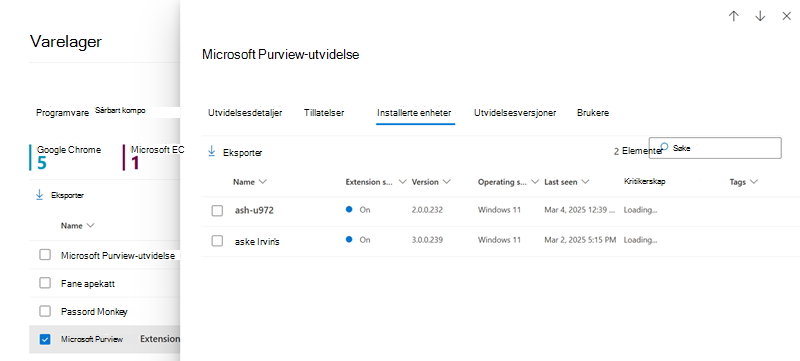 Skjermbilde av fanen Enheter for nettleserutvidelser