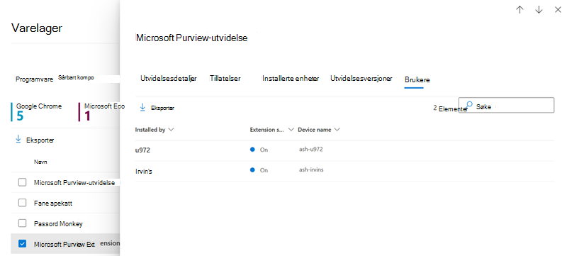 Skjermbilde av brukerfanen For nettleserutvidelser.