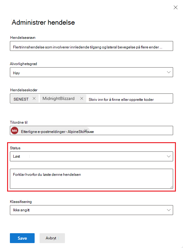 Skjermbilde av hendelsesbehandlingspanel med hendelsesløsningsnotat.