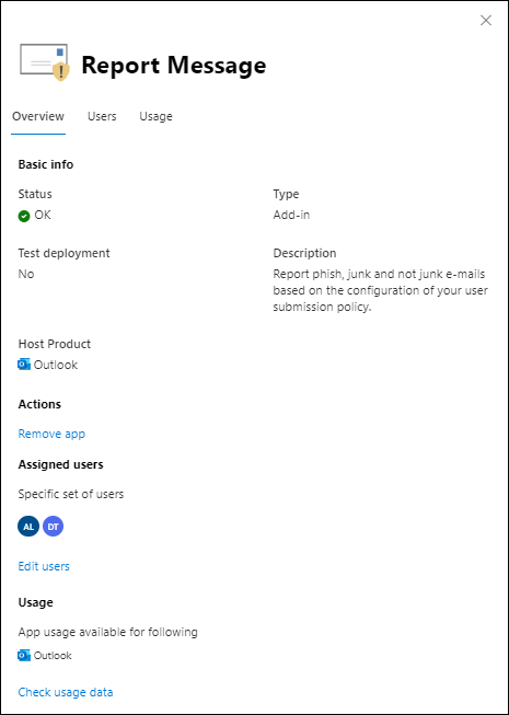 Oversikt-fanen på detaljer-undermenyen for rapportmeldingstillegget i Administrasjonssenter for Microsoft 365.