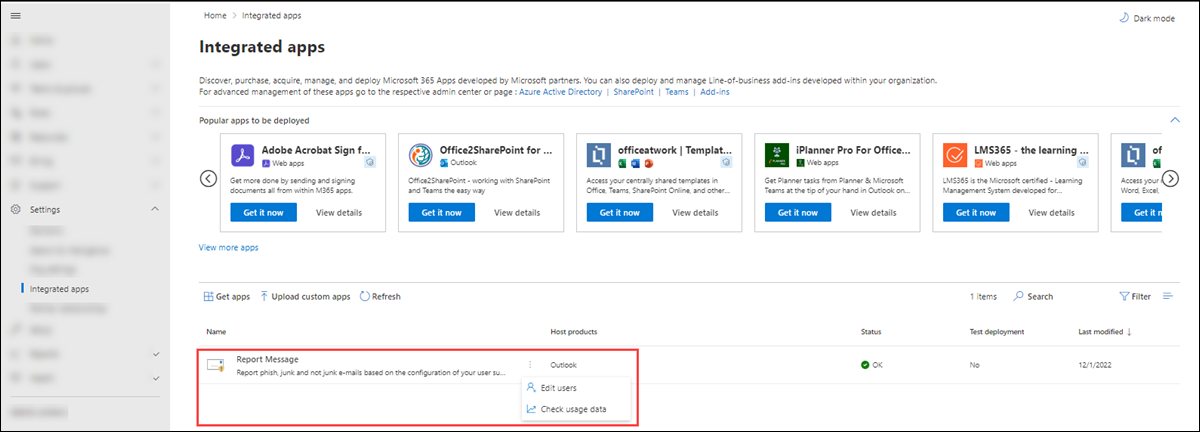 Velg rapportmeldingstillegget på siden Integrerte apper i Administrasjonssenter for Microsoft 365.