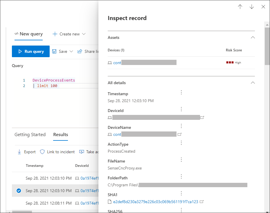 Den valgte posten med panel for å undersøke posten i Microsoft Defender-portalen