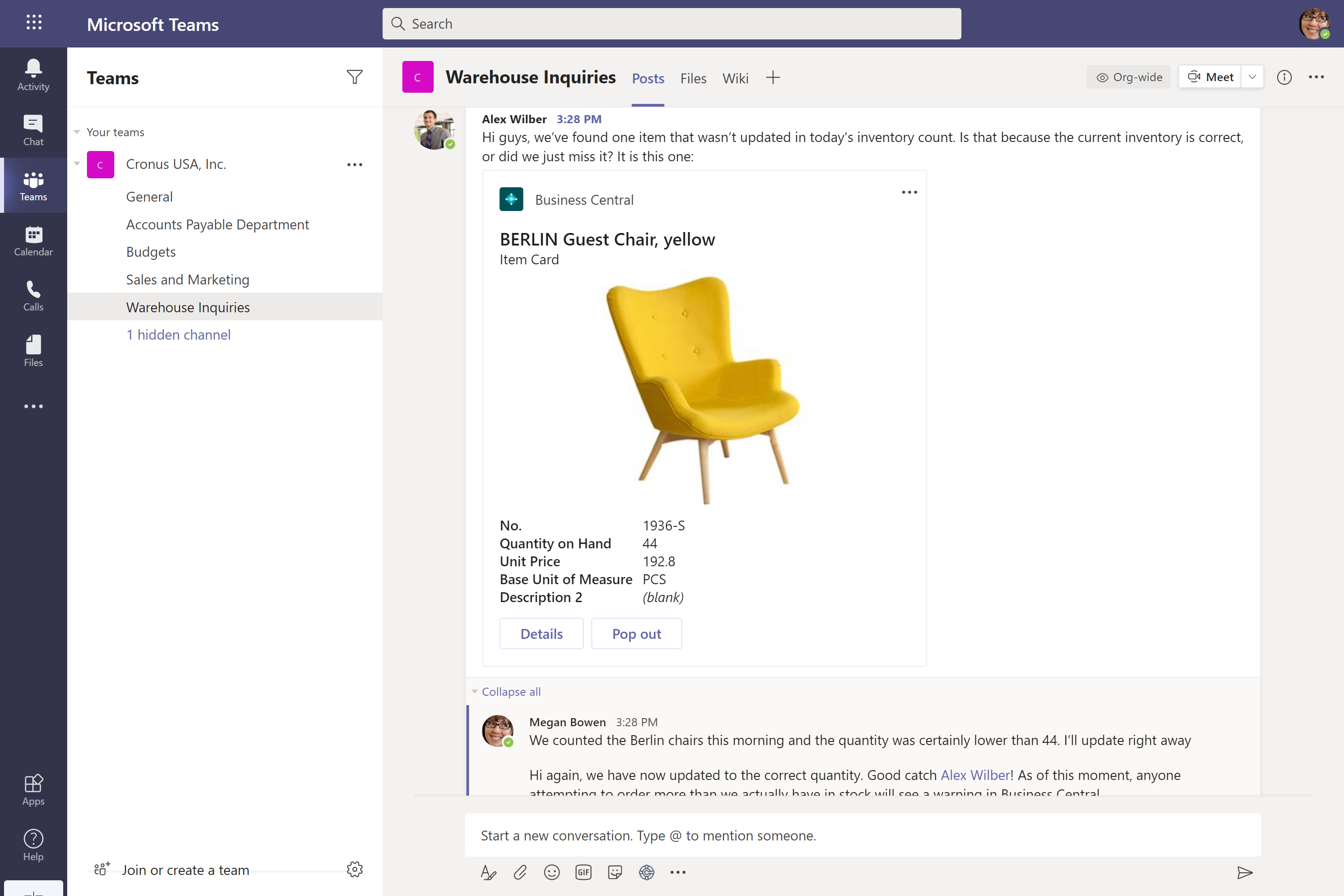 Samtale mellom medarbeidere i Microsoft Teams med forretningsdata som samtaleemne