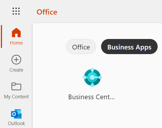 Office-startskjermen som viser en enkelt Business Central-flis.