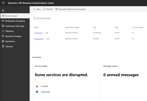 Service Health-status vises i administrasjonssenteret for Dynamics 365 Business Central