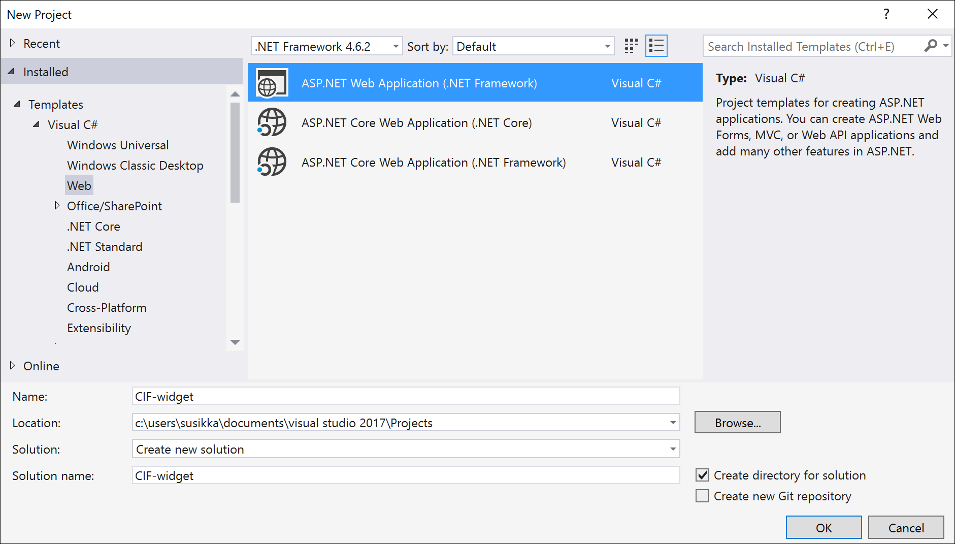 Velg ASP.NET-nettapp (.NET Framework).