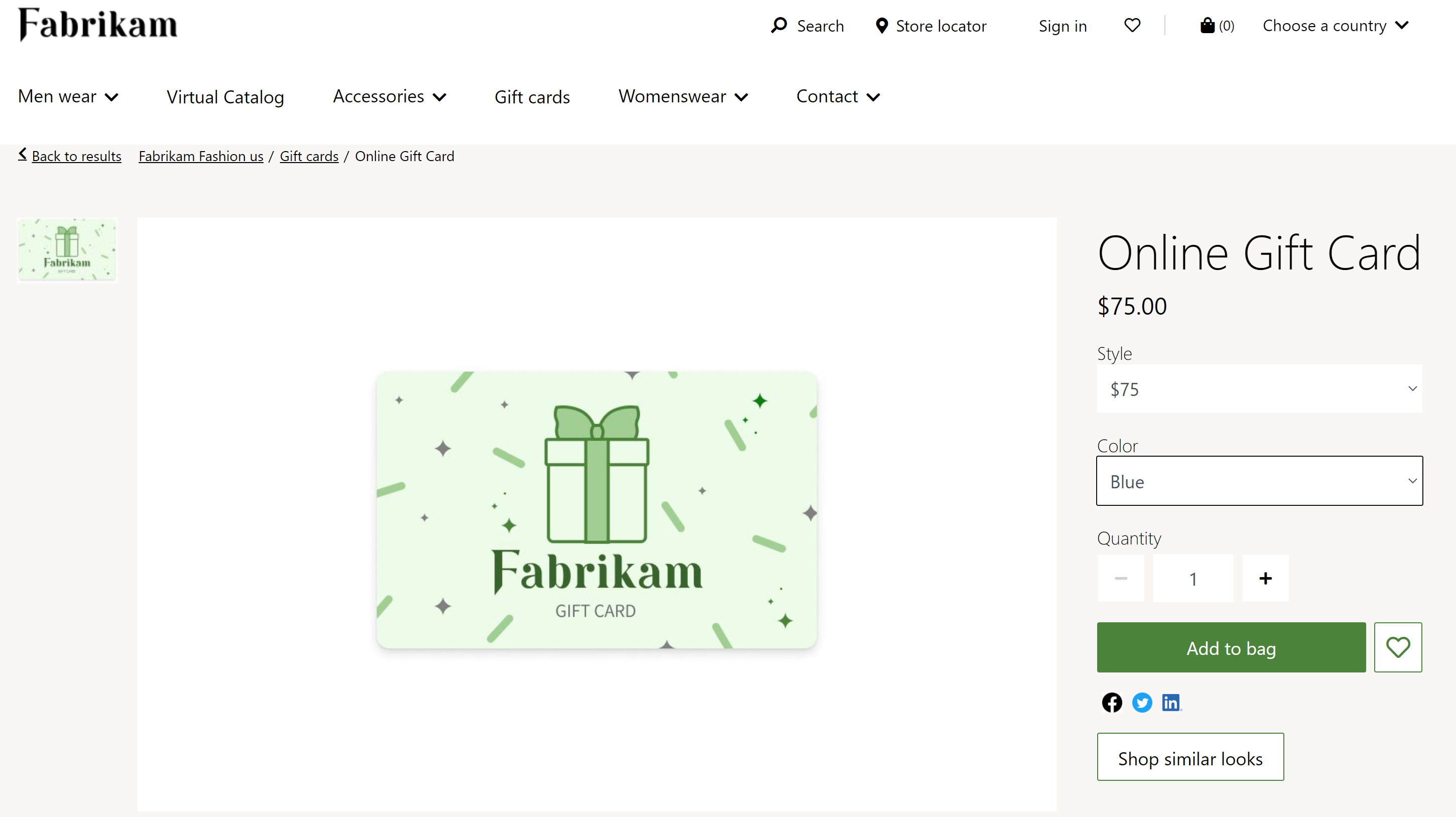 Eksempel på produktdetaljersiden for digitalt gavekort på Fabrikams e-handelsområde.