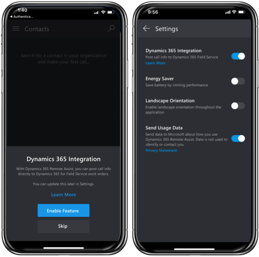 Skjermbilde av to mobile enheter i Dynamics 365 Remote Assist. Skjermen til venstre viser hurtigvalget for Dynamics 365-integrering. Skjermen til høyre viser Innstillinger-skjermen for Dynamics 365 Remote Assist, der veksleknappen for Dynamics 365-integrering er satt til på.