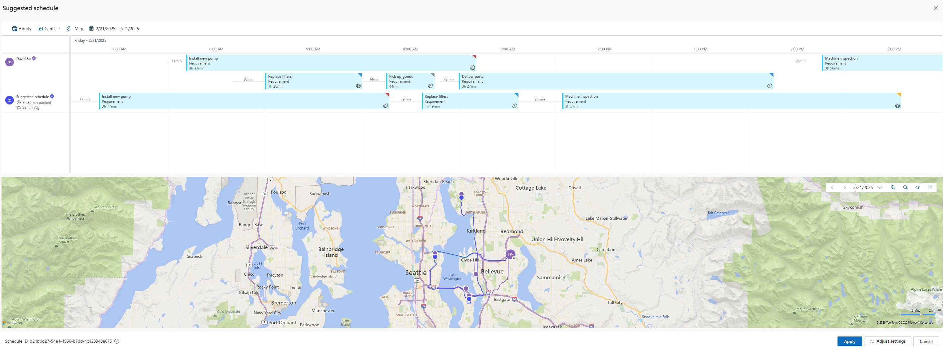 Screenshot of an optimized schedule that respects priorities and work hours.