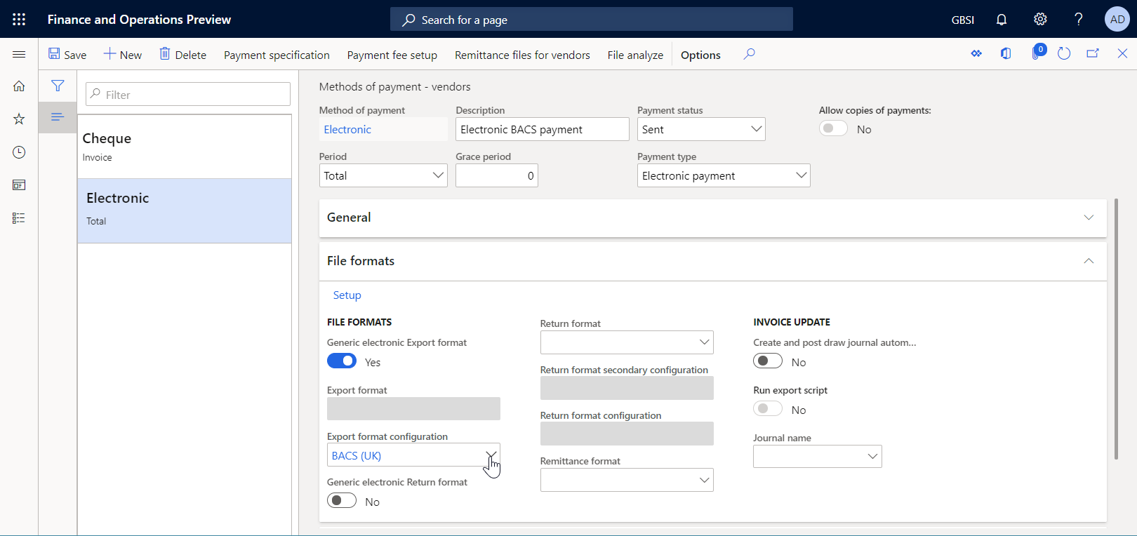 Betalingsmåter – leverandørsiden for å definere en elektronisk betalingsmåte for å behandle leverandørbetalinger ved hjelp av et standardformat.