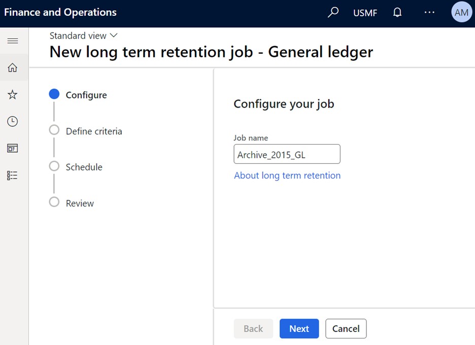 Screenshot of new long term retention job for General ledger.