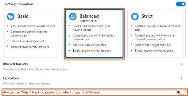 Konfigurere delen for sporingshindring i Edge Konfigurer delen for sporingshindring i Microsoft Edge.