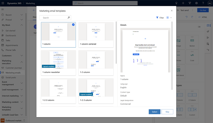Dialogboks for å velge en e-postmal Dialogboks for å velge en e-postmal.