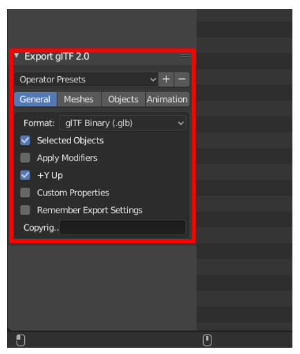 Innstillinger for Export glTF 2.0 Innstillinger for Export glTF 2.0.