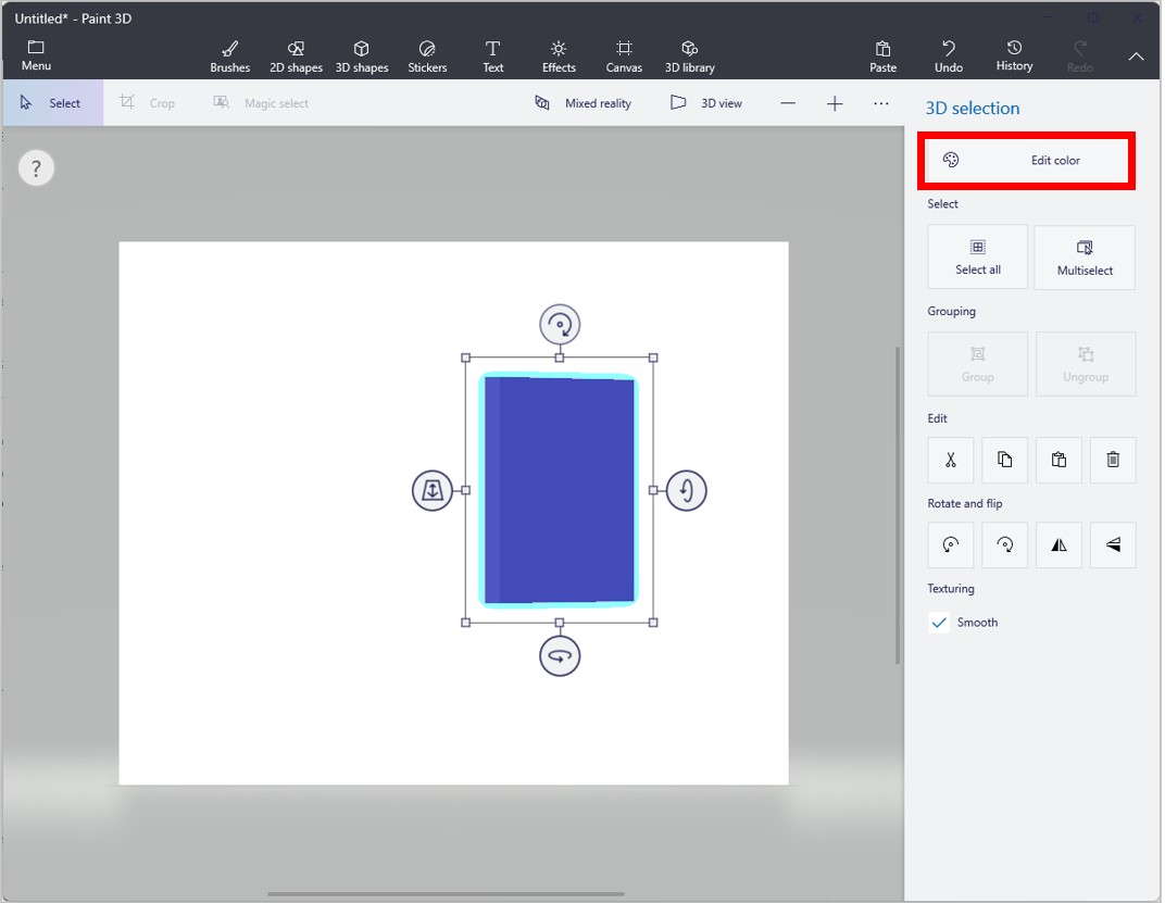 Skjermbilde av Paint 3D der kommandoen Rediger farge er fremhevet.