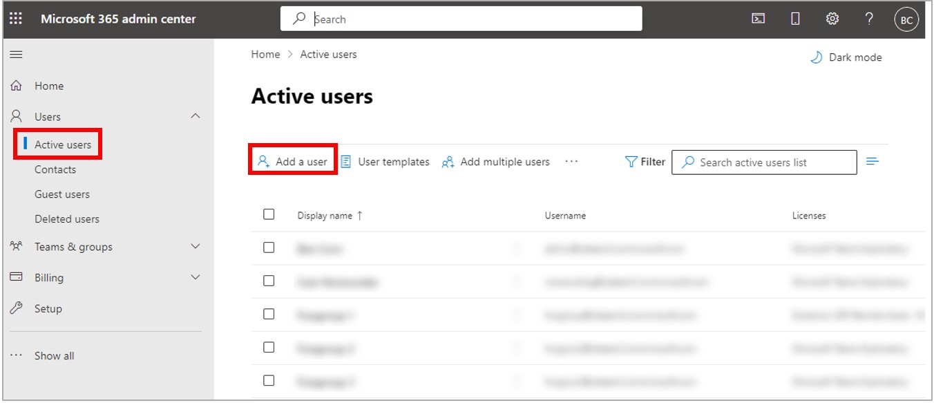 Skjermbilde som viser Aktive brukere og Legg til bruker uthevet Skjermbilde som viser Aktive brukere og Legg til bruker uthevet.