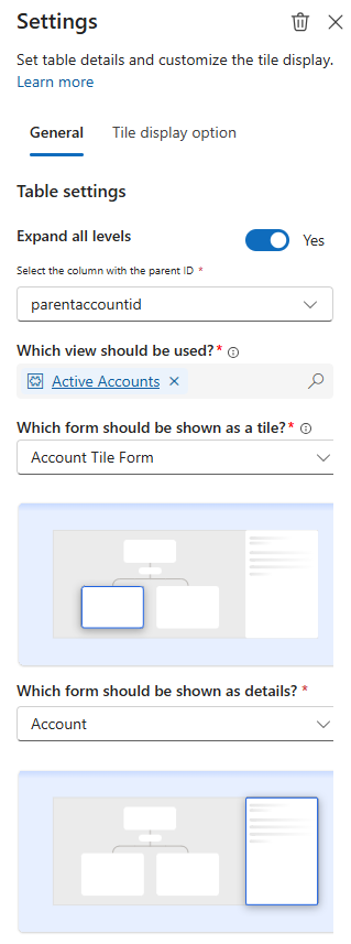 Skjermbilde av den generelle fanen i ruten for kontotabellinnstillinger på hierarkiutformingssiden.