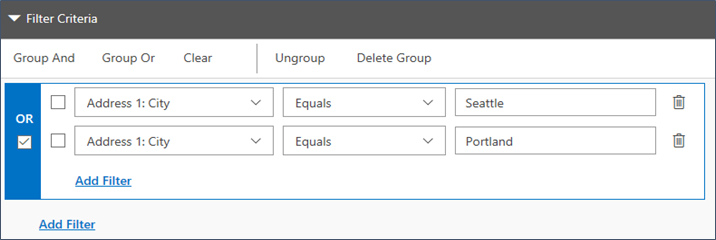 Skjermbilde av Fjern gruppering av filtre