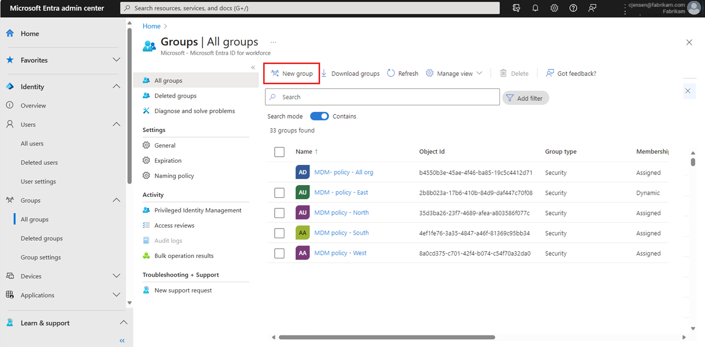 Screenshot of the 'Microsoft Entra groups' page with 'New group' option highlighted.