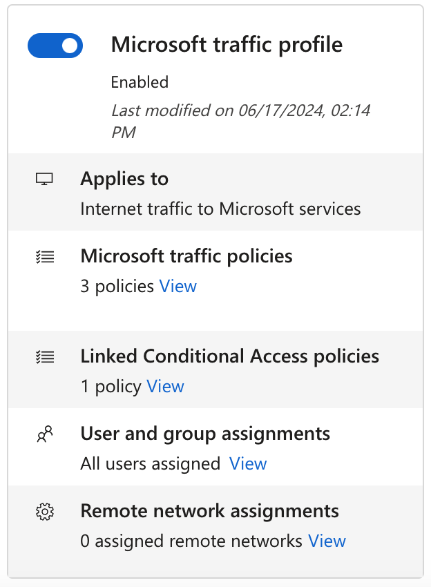 Screenshot of traffic forwarding profiles with Conditional Access link highlighted.