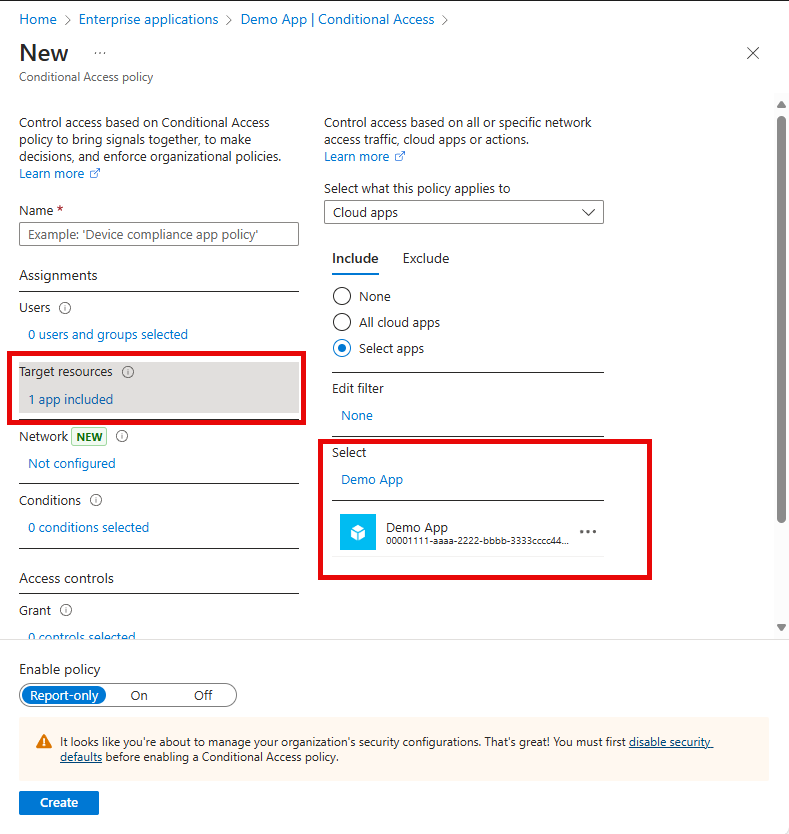 Screenshot of the Conditional Access policy with the Quick Access app selected.