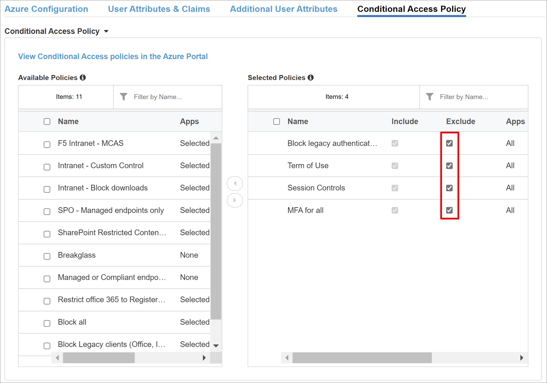 Screenshot of the Exclude option selected for four polices.