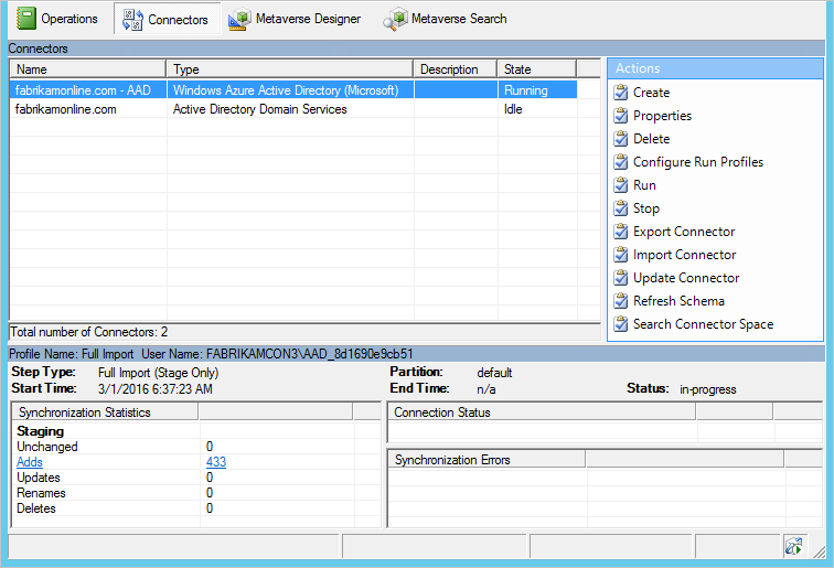 Screenshot that shows the Microsoft Entra Connect Sync Service Manager.