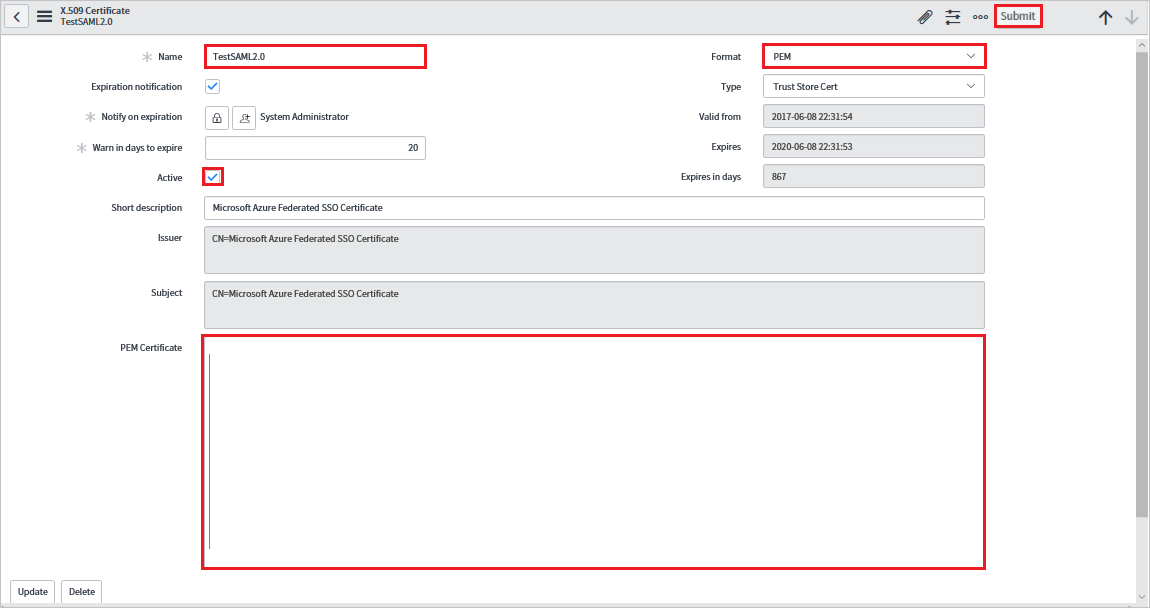 Configure single sign-on Screenshot of X.509 Certificates dialog box