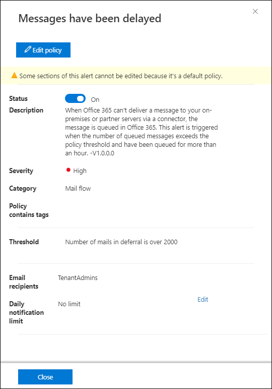 Messages have been delayed alert policy details the Microsoft Defender portal.